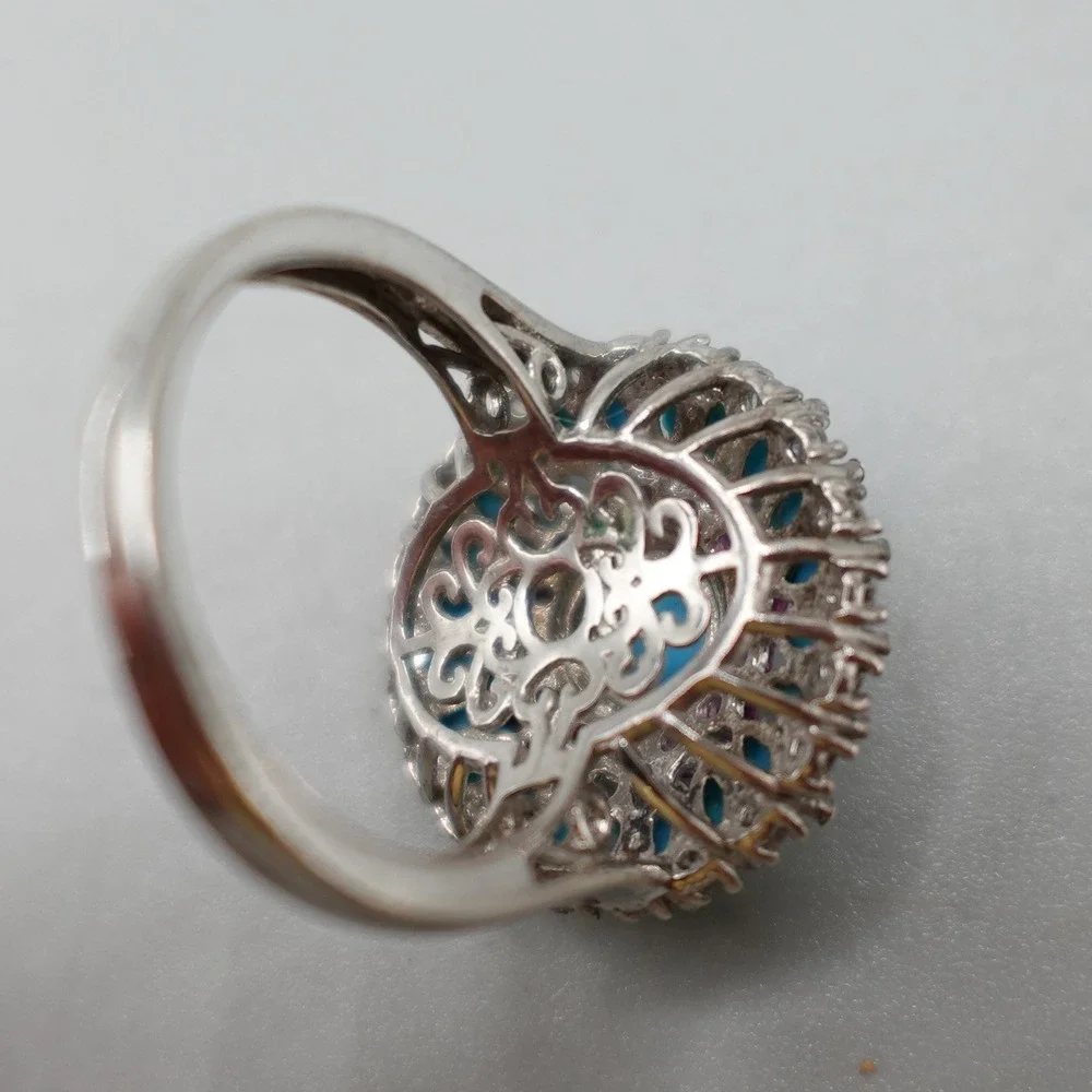 Vintage Sterling Silver Turquoise Cluster Ring Womens Size 8 Blue Pink Statement